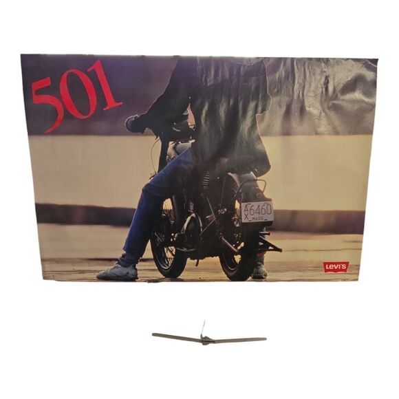 VINTAGE  1987 FULL  SIZE LEVI'S 501  JEAN POSTER, GUY ON MOTORCYCLE. I980'S. - Picture 1 of 2